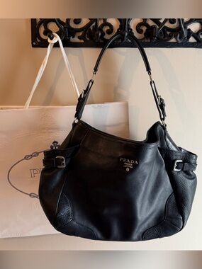Prada Black Vitello Hobo Shoulder Bag